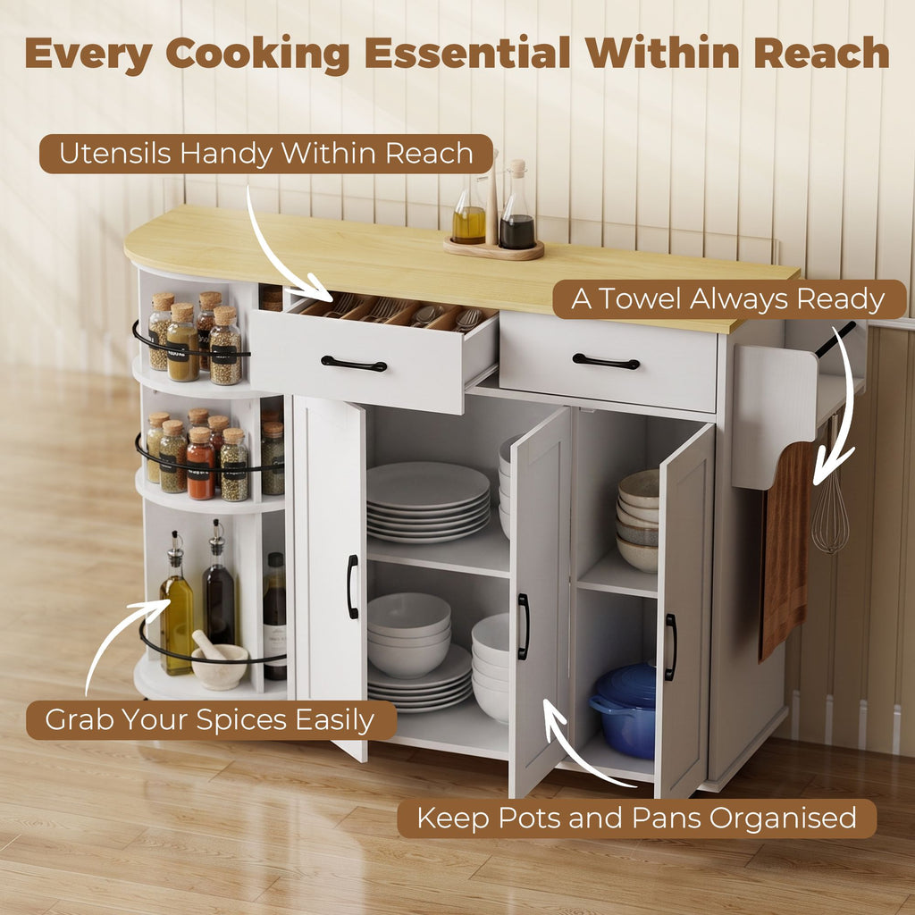 53" Kitchen Island with Power Outlet and Drop Leaf, Kitchen Cart on Wheels with 360° Rotating Rack, White