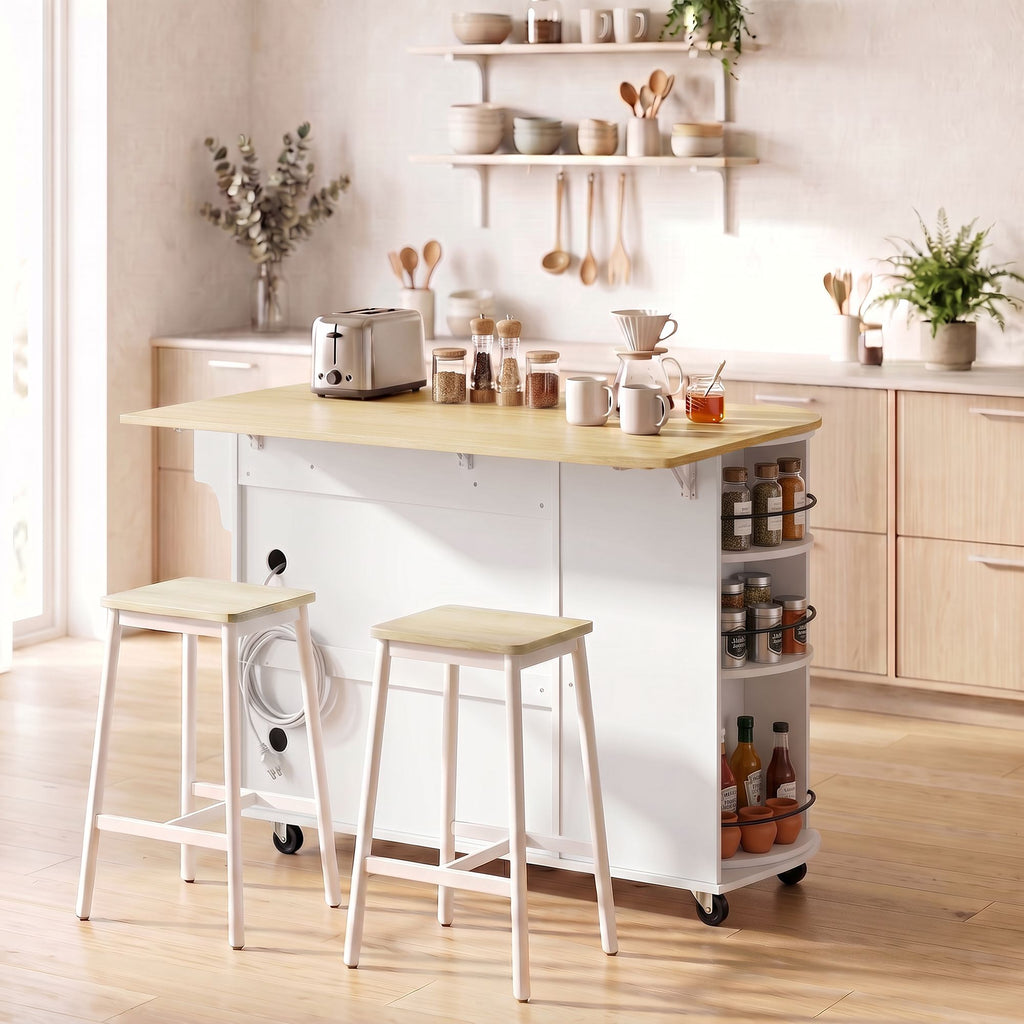 53" Kitchen Island with Power Outlet and Drop Leaf, Kitchen Cart on Wheels with 360° Rotating Rack, White