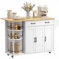 53" Kitchen Island with Power Outlet and Drop Leaf, Kitchen Cart on Wheels with 360° Rotating Rack, White
