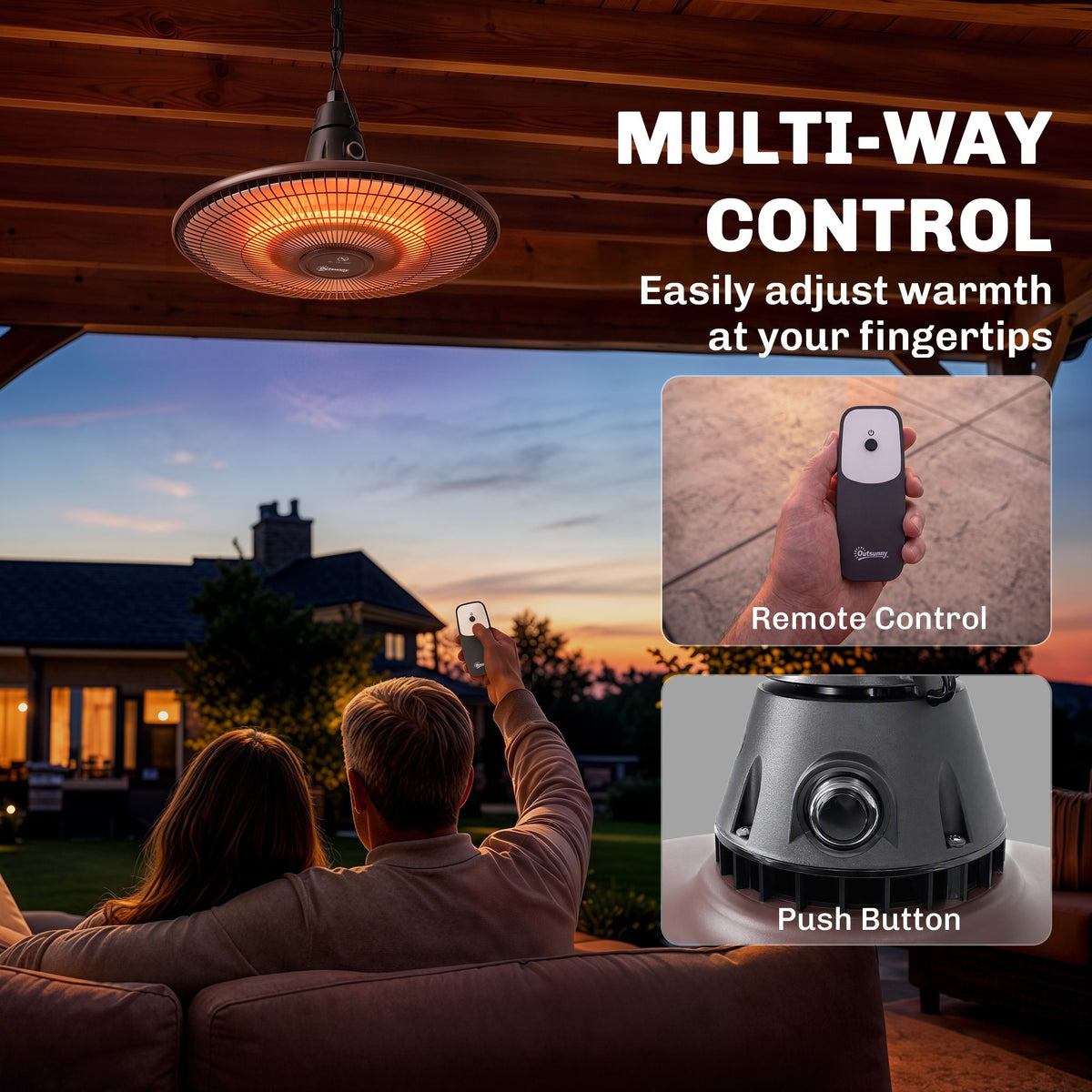 1500W Electric Patio Heater, IP65 Hanging Infrared Carbon Fiber Tube Outdoor Heater with Remote Control, Brown