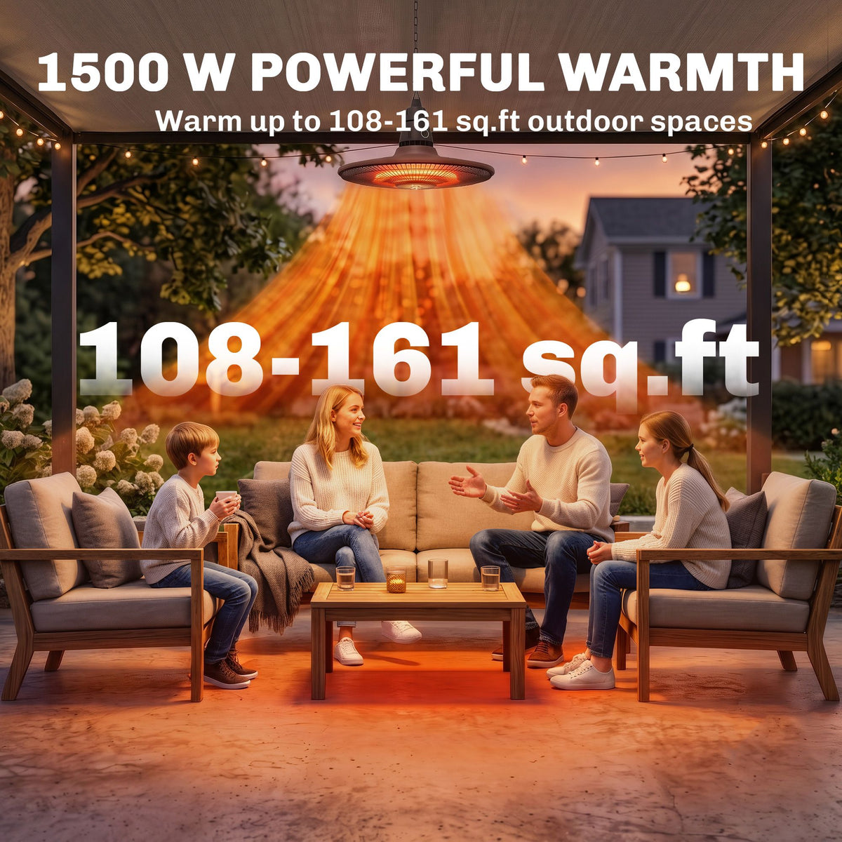 1500W Electric Patio Heater, IP65 Hanging Infrared Carbon Fiber Tube Outdoor Heater with Remote Control, Brown