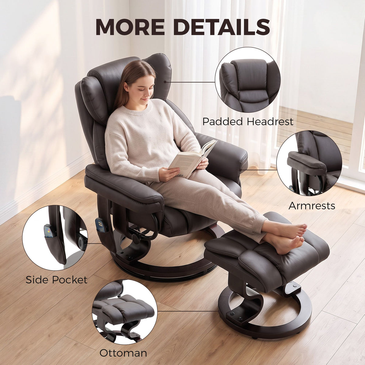 Massage Recliner Chair with Footrest, Swivel Armchair, Wrapped Wood Base, 10 Massage Points, Faux Leather, Brown