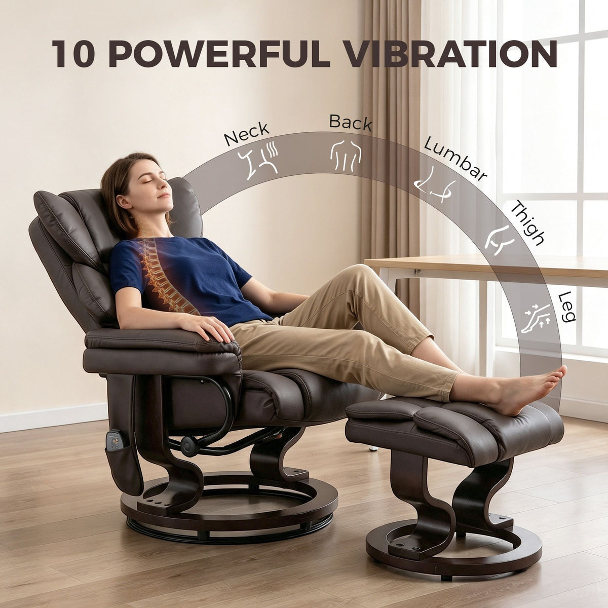 Massage Recliner Chair with Footrest, Swivel Armchair, Wrapped Wood Base, 10 Massage Points, Faux Leather, Brown