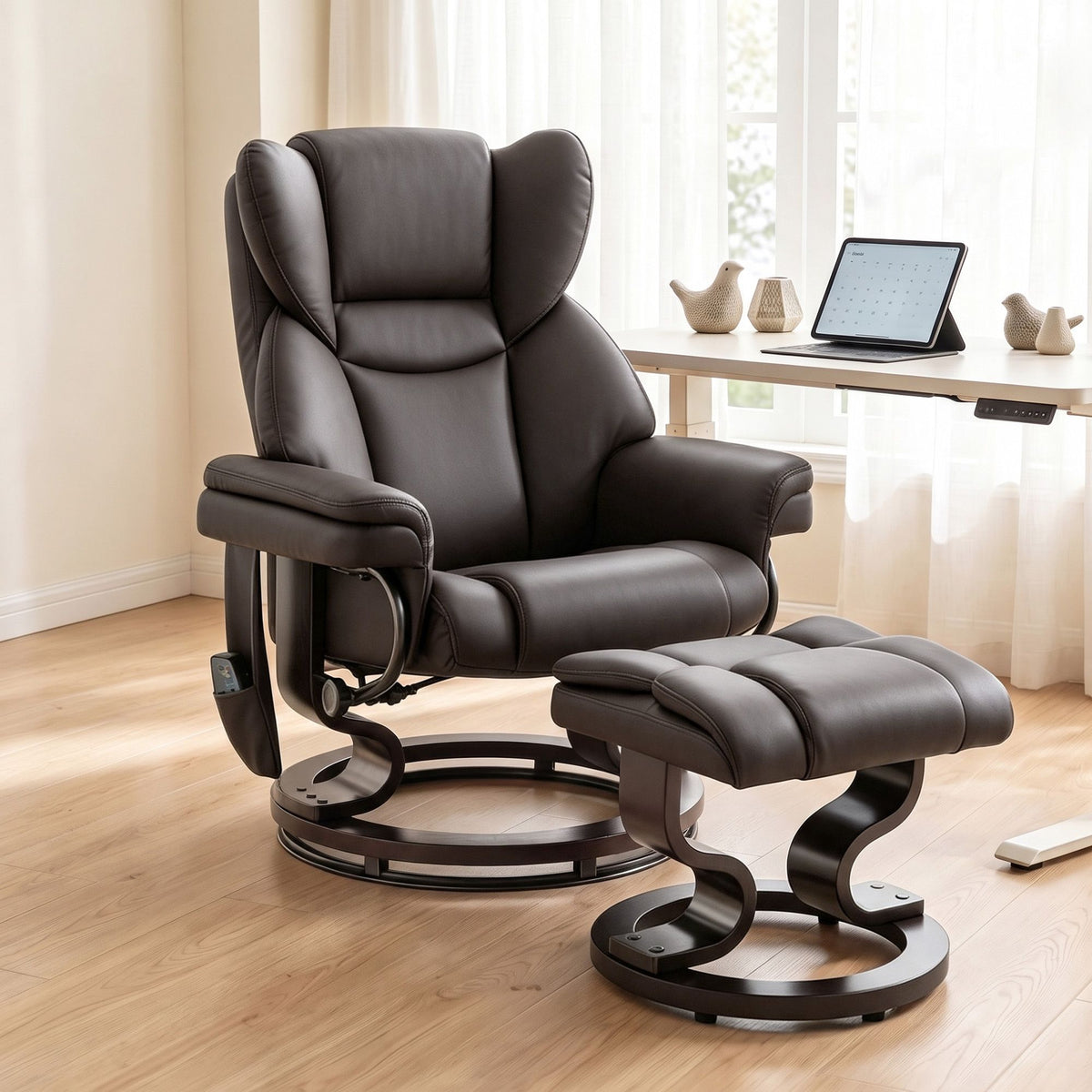 Massage Recliner Chair with Footrest, Swivel Armchair, Wrapped Wood Base, 10 Massage Points, Faux Leather, Brown