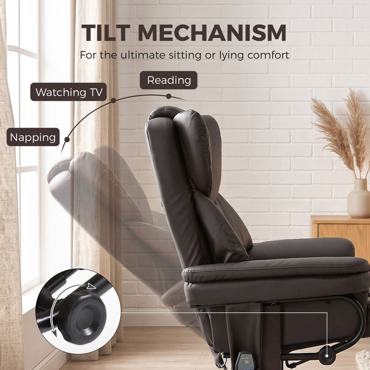 Massage Recliner Chair with Footrest, Swivel Armchair, Wrapped Wood Base, 10 Massage Points, Faux Leather, Brown