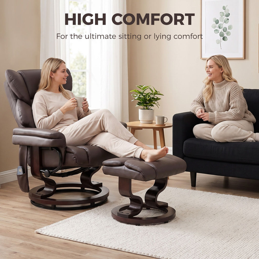 Massage Recliner Chair with Footrest, Swivel Armchair, Wrapped Wood Base, 10 Massage Points, Faux Leather, Brown