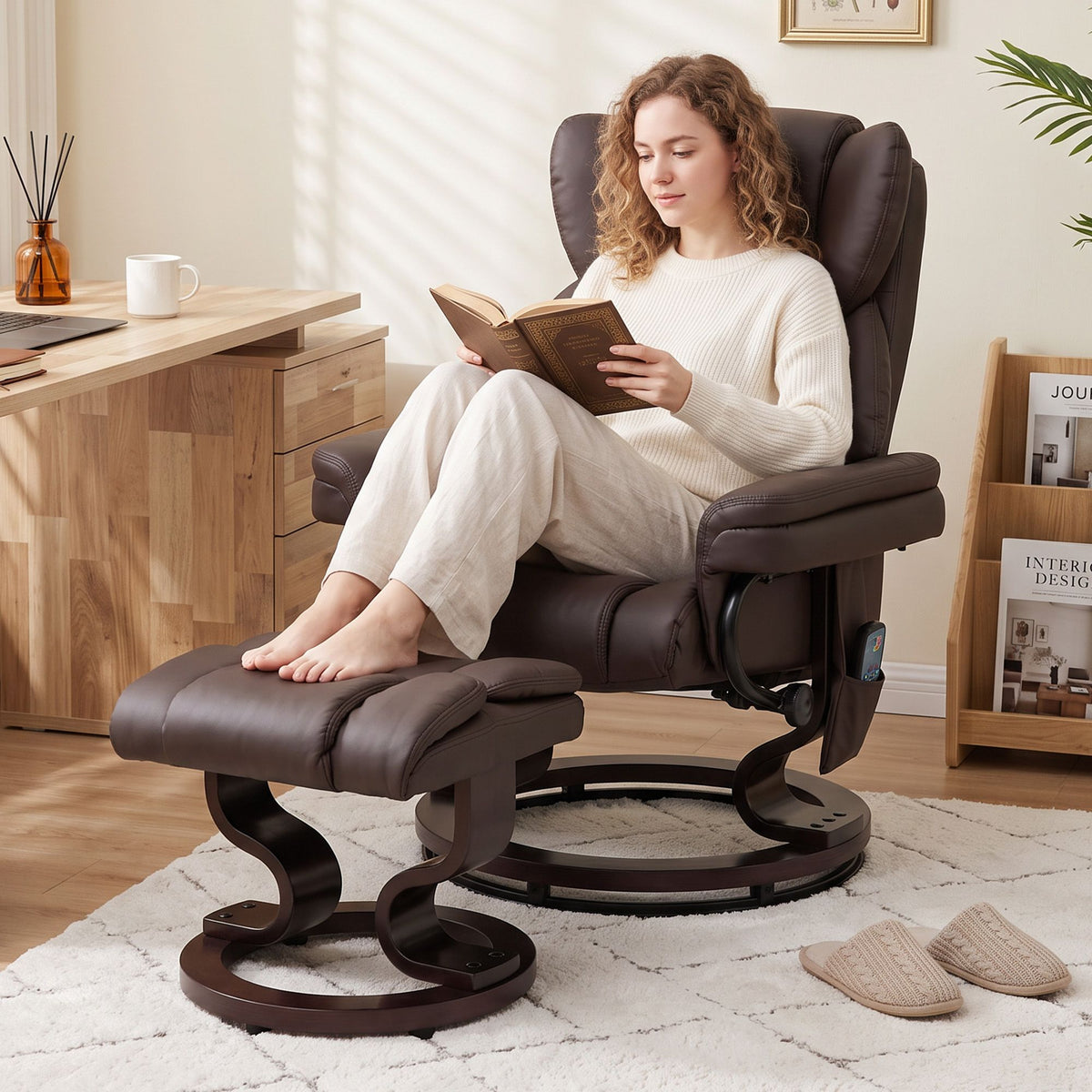 Massage Recliner Chair with Footrest, Swivel Armchair, Wrapped Wood Base, 10 Massage Points, Faux Leather, Brown