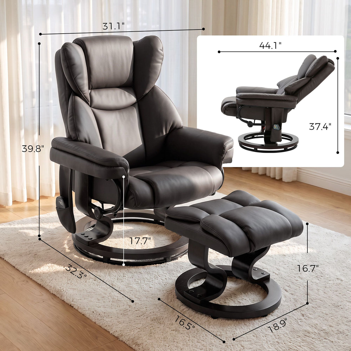 Massage Recliner Chair with Footrest, Swivel Armchair, Wrapped Wood Base, 10 Massage Points, Faux Leather, Brown