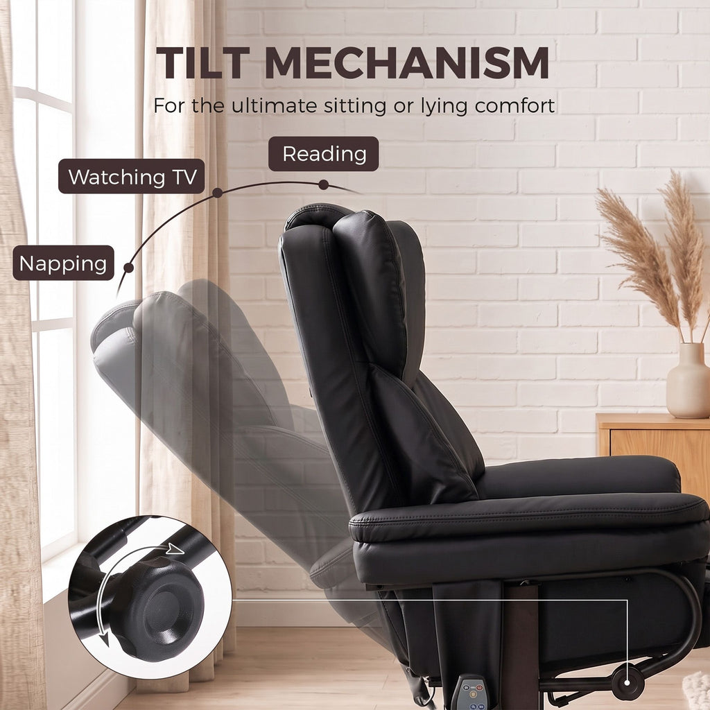 Massage Recliner Chair with Footrest, Swivel Armchair, Wrapped Wood Base, 10 Massage Points, Faux Leather, Black