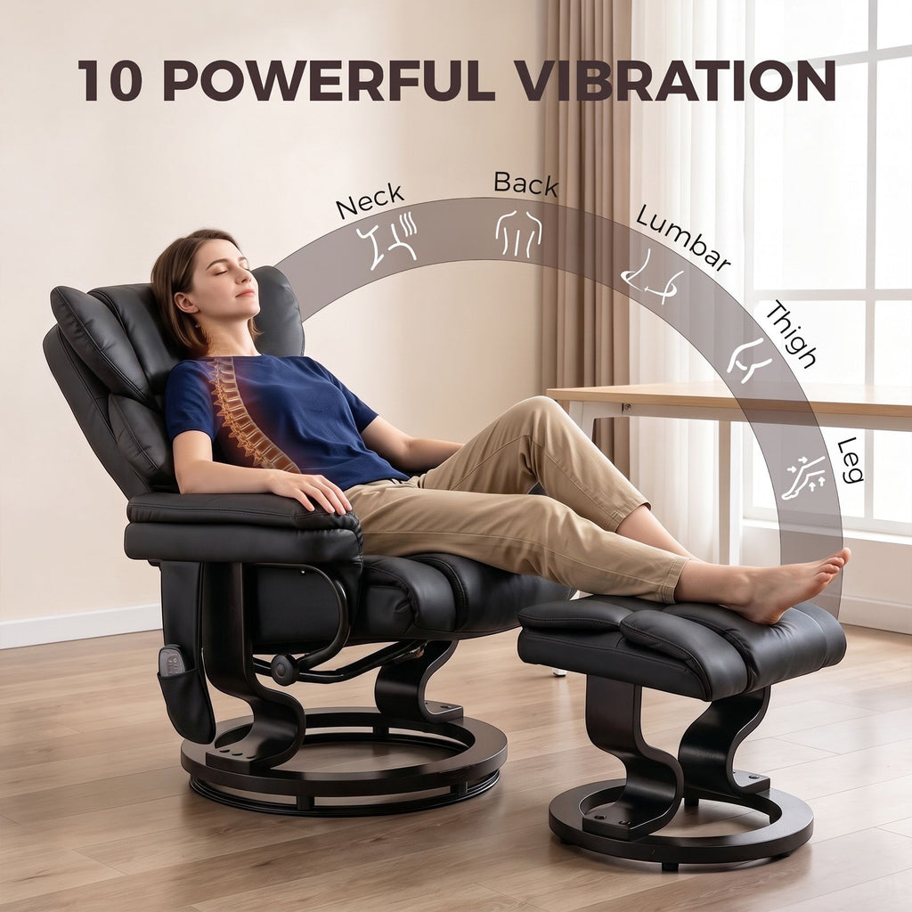 Massage Recliner Chair with Footrest, Swivel Armchair, Wrapped Wood Base, 10 Massage Points, Faux Leather, Black