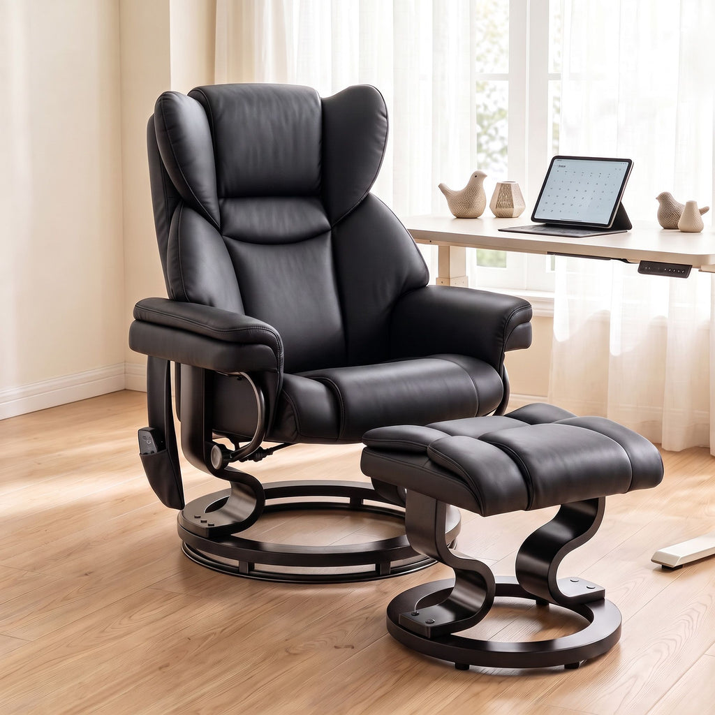 Massage Recliner Chair with Footrest, Swivel Armchair, Wrapped Wood Base, 10 Massage Points, Faux Leather, Black