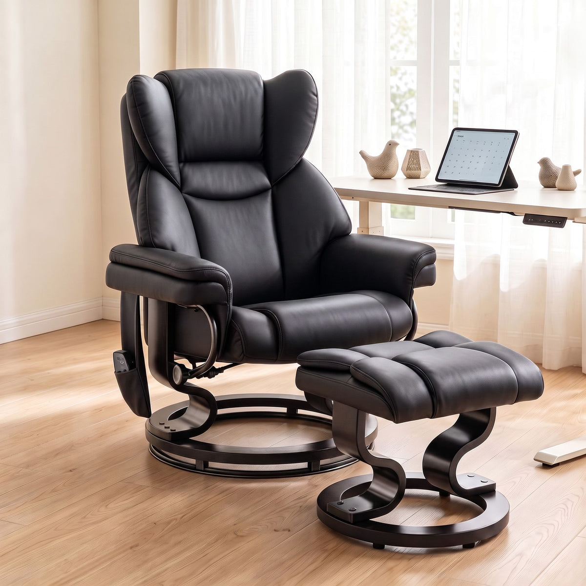 Massage Recliner Chair with Footrest, Swivel Armchair, Wrapped Wood Base, 10 Massage Points, Faux Leather, Black