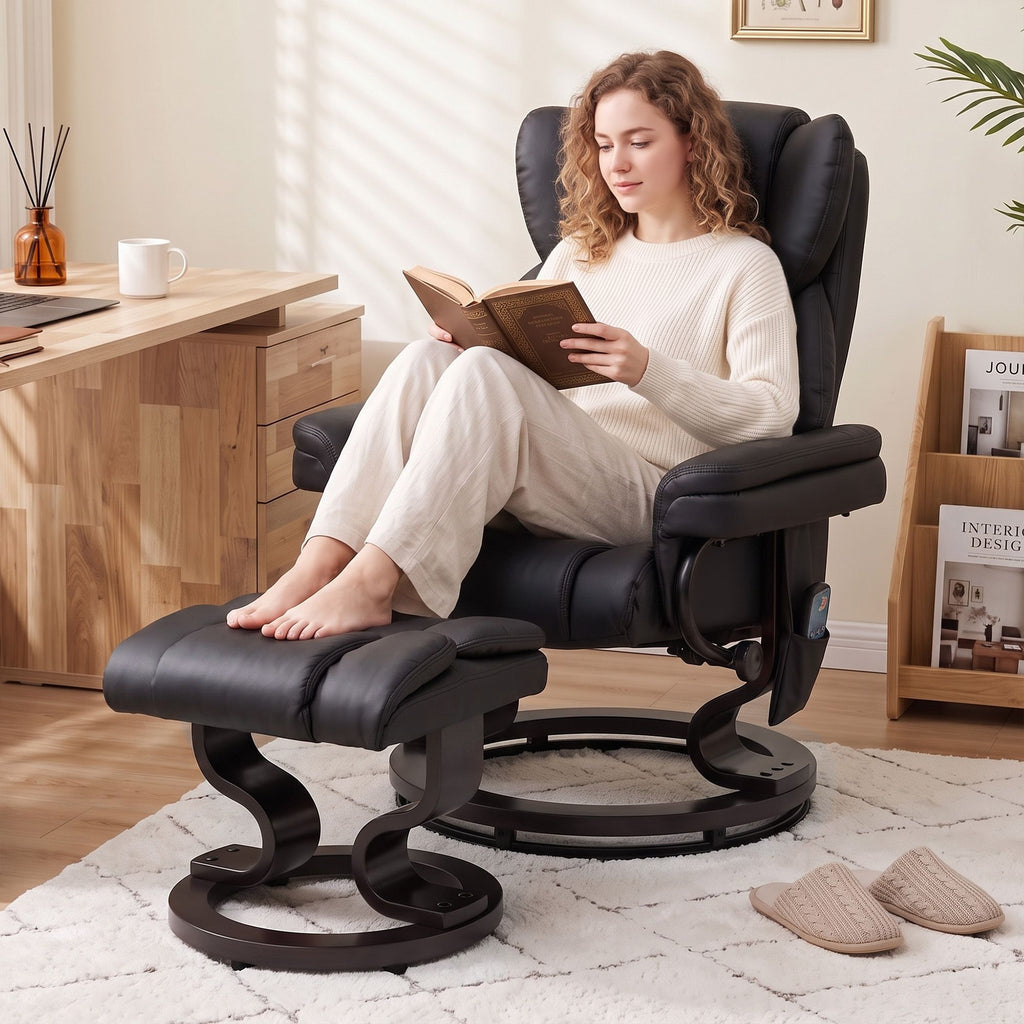 Massage Recliner Chair with Footrest, Swivel Armchair, Wrapped Wood Base, 10 Massage Points, Faux Leather, Black