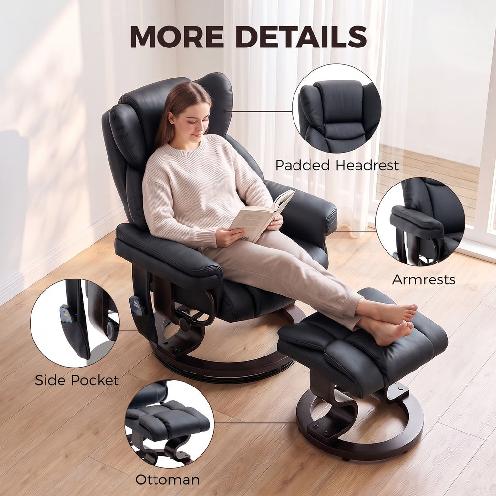 Massage Recliner Chair with Footrest, Swivel Armchair, Wrapped Wood Base, 10 Massage Points, Faux Leather, Black