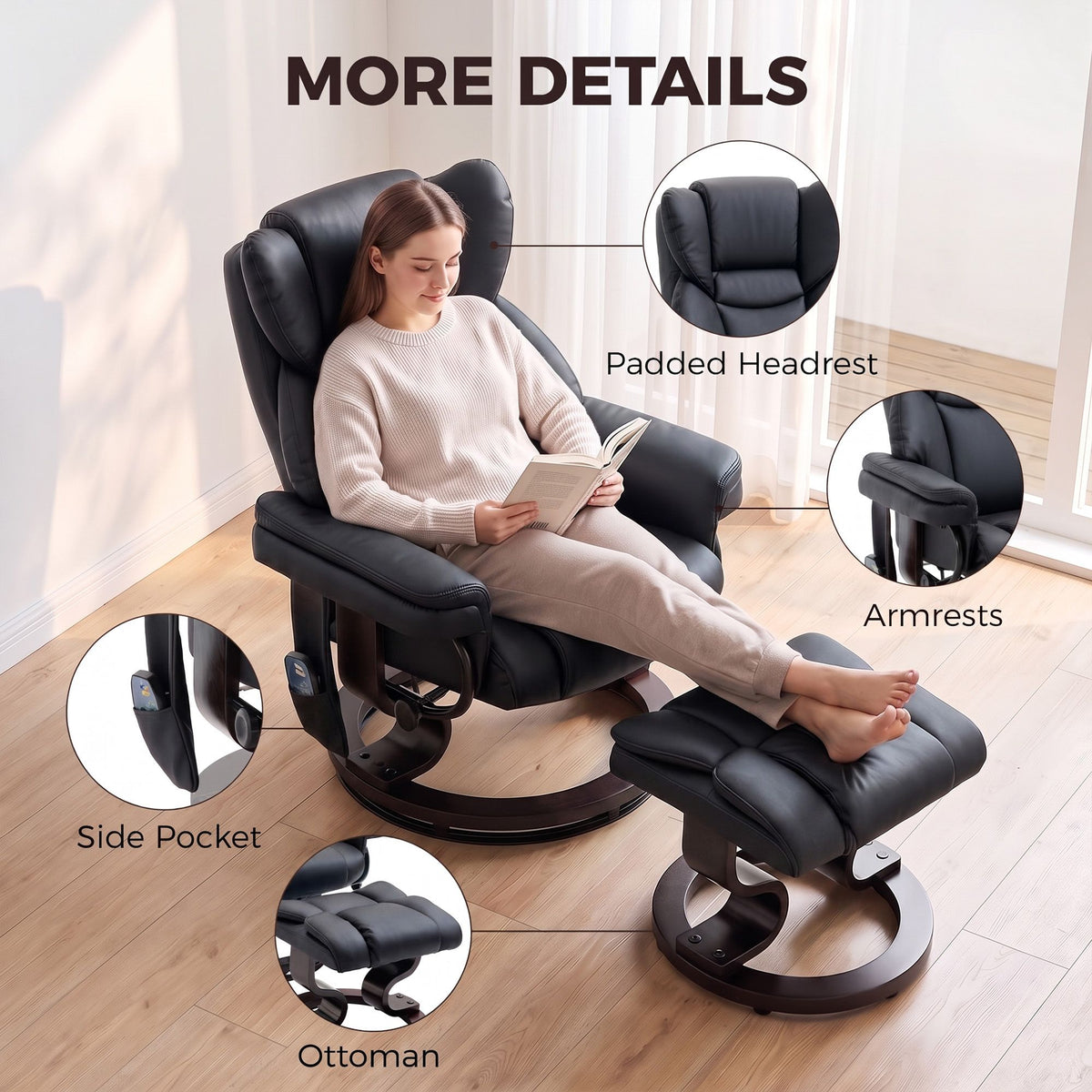 Massage Recliner Chair with Footrest, Swivel Armchair, Wrapped Wood Base, 10 Massage Points, Faux Leather, Black