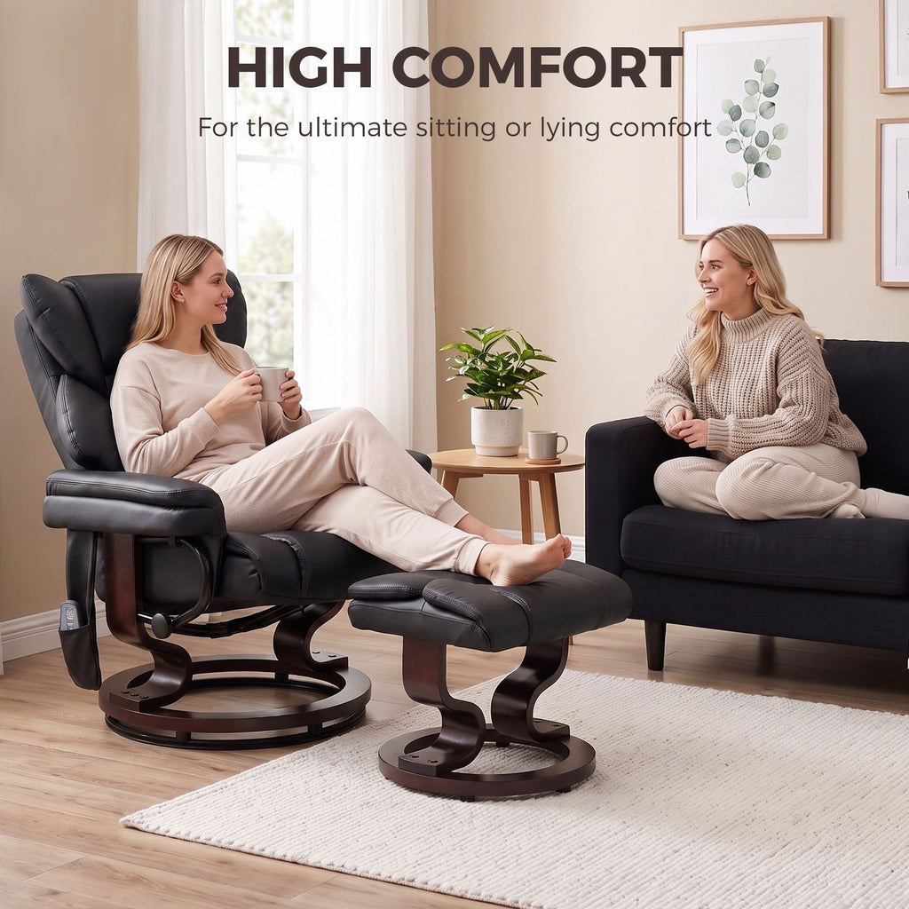 Massage Recliner Chair with Footrest, Swivel Armchair, Wrapped Wood Base, 10 Massage Points, Faux Leather, Black