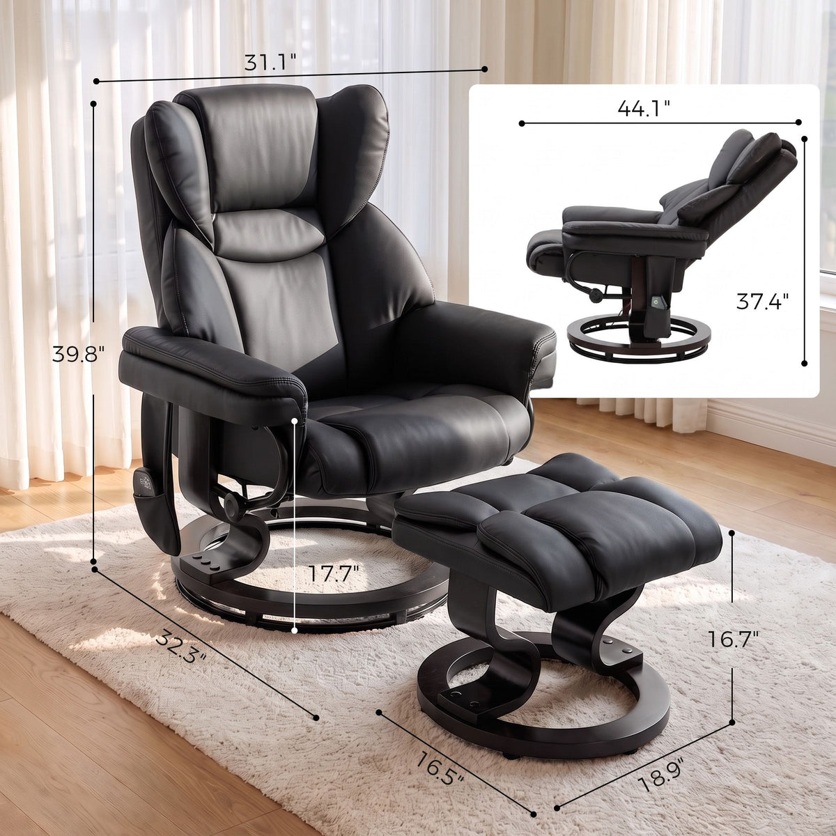 Massage Recliner Chair with Footrest, Swivel Armchair, Wrapped Wood Base, 10 Massage Points, Faux Leather, Black