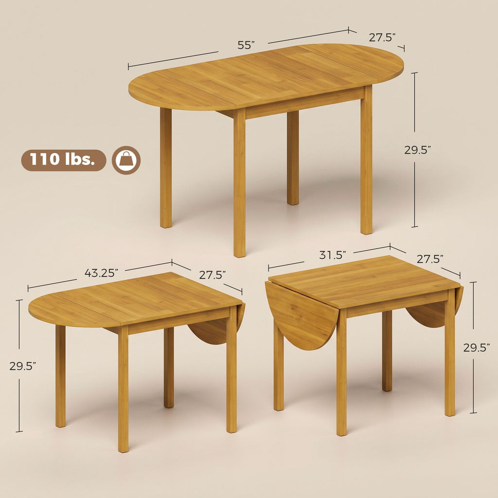 55" Wood Kitchen Table, Drop Leaf Tables for Small Spaces, Oak