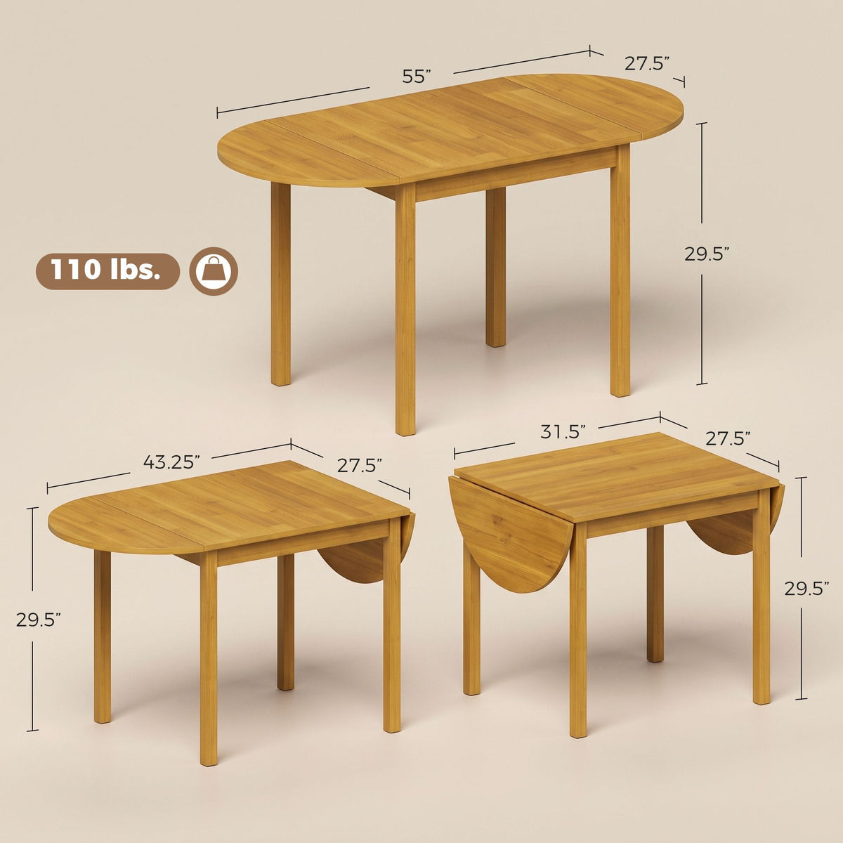 55" Wood Kitchen Table, Drop Leaf Tables for Small Spaces, Oak