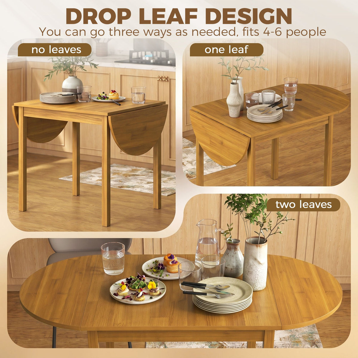 55" Wood Kitchen Table, Drop Leaf Tables for Small Spaces, Oak