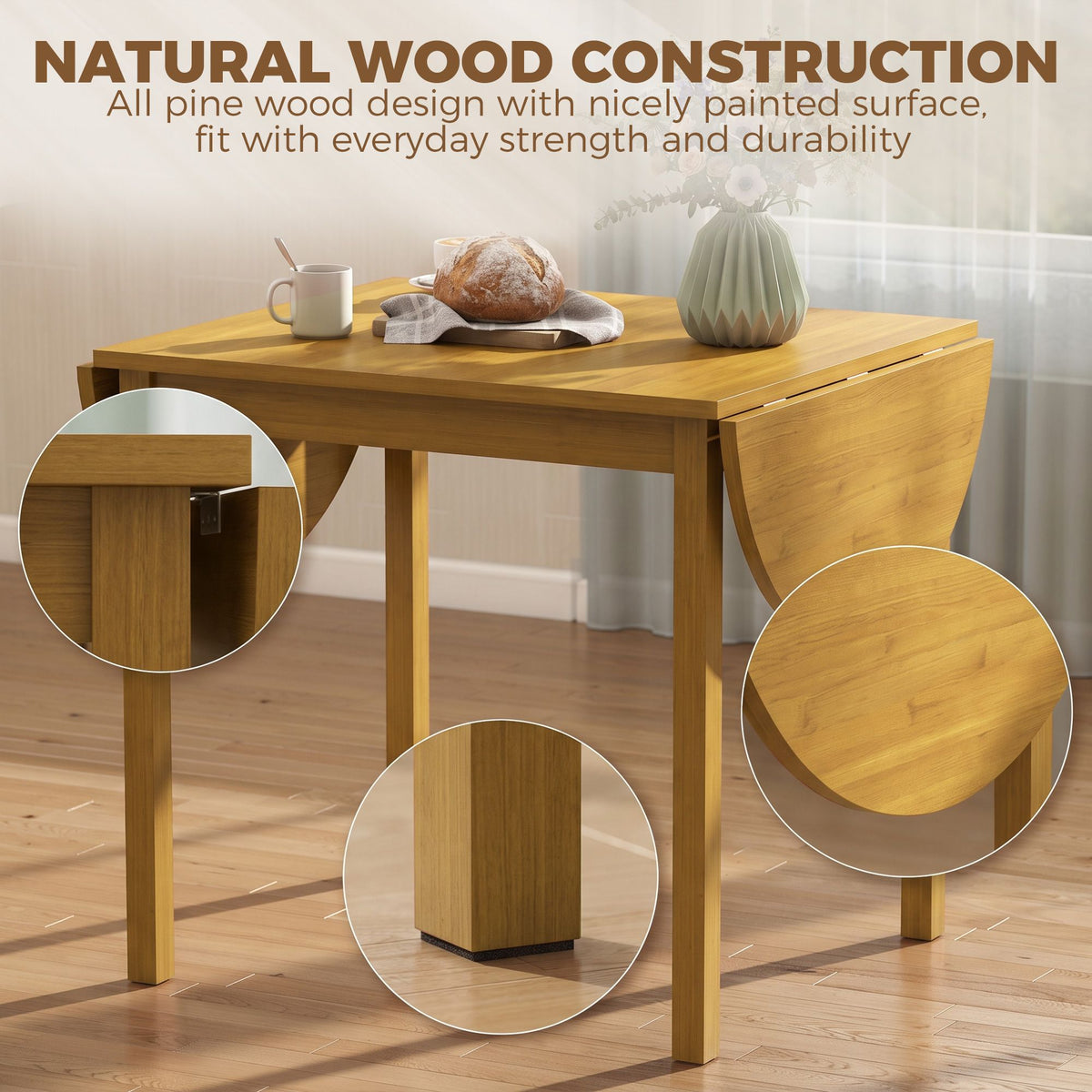 55" Wood Kitchen Table, Drop Leaf Tables for Small Spaces, Oak