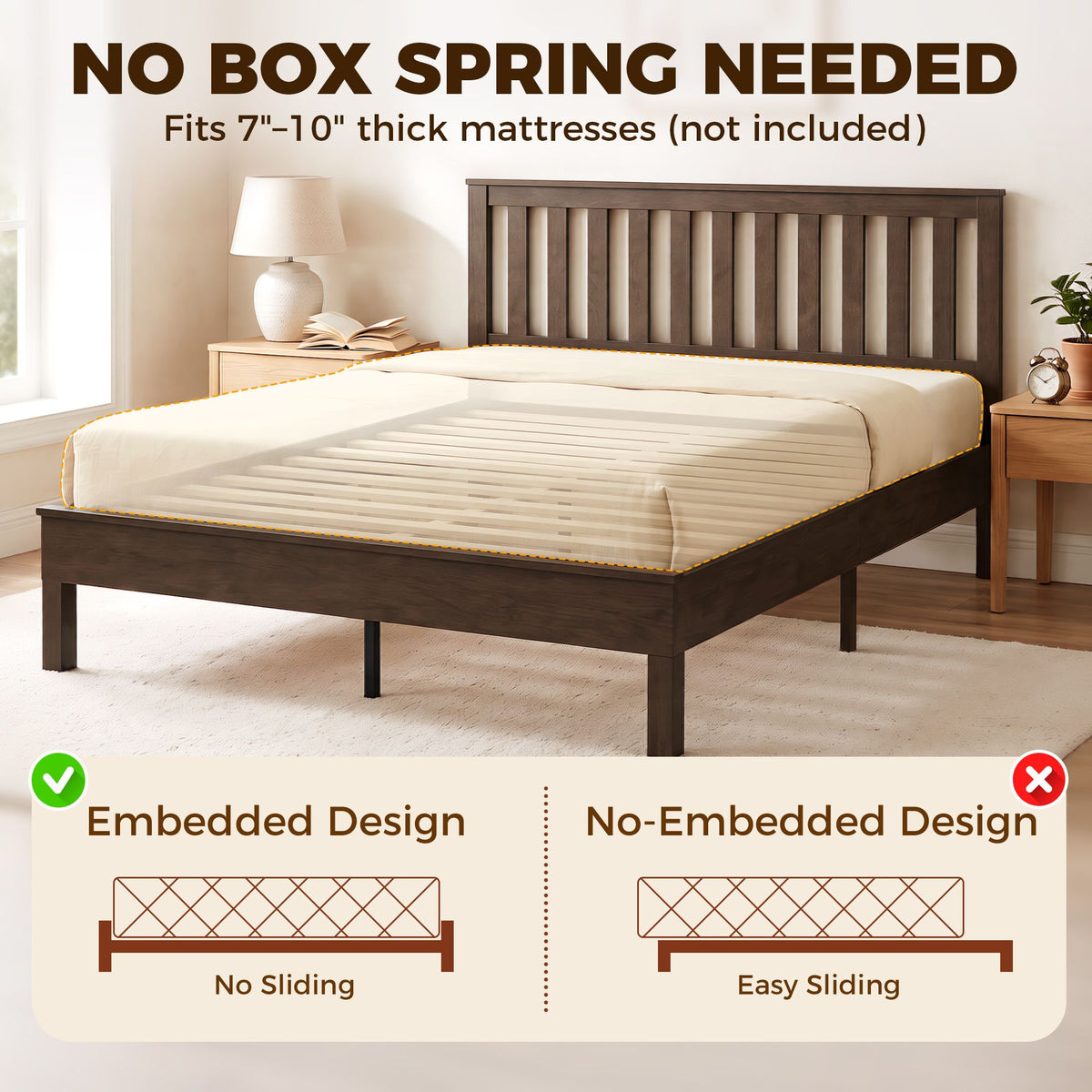 Queen Size Bed Frame with Headboard and Footboard, Mid-Century Modern Wood Platform Bed Frame, Walnut
