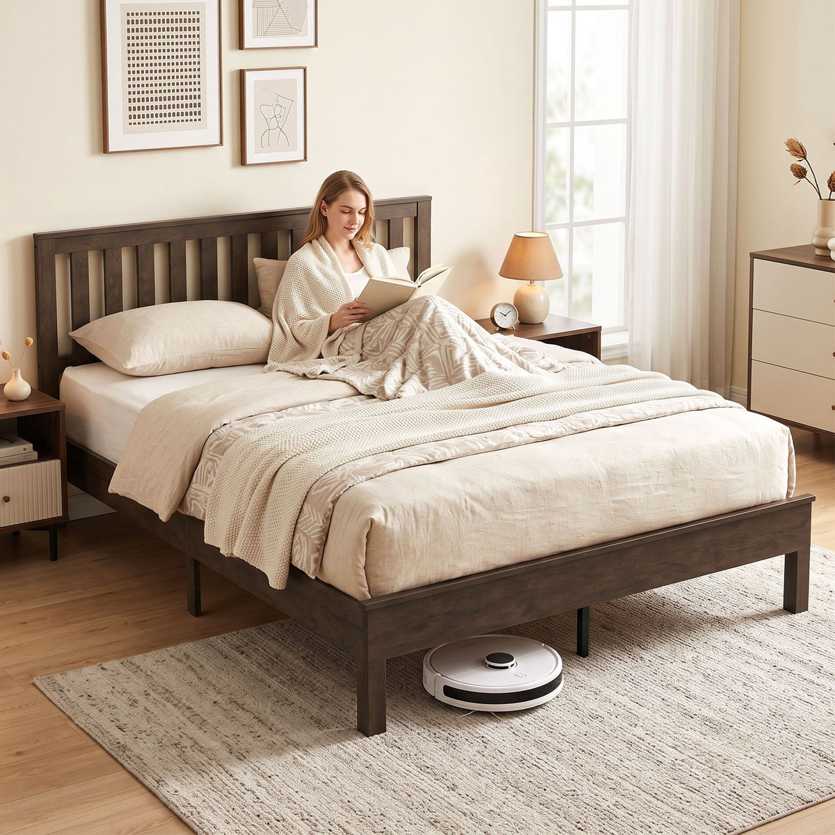 Queen Size Bed Frame with Headboard and Footboard, Mid-Century Modern Wood Platform Bed Frame, Walnut