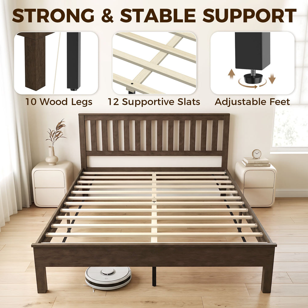 Queen Size Bed Frame with Headboard and Footboard, Mid-Century Modern Wood Platform Bed Frame, Walnut