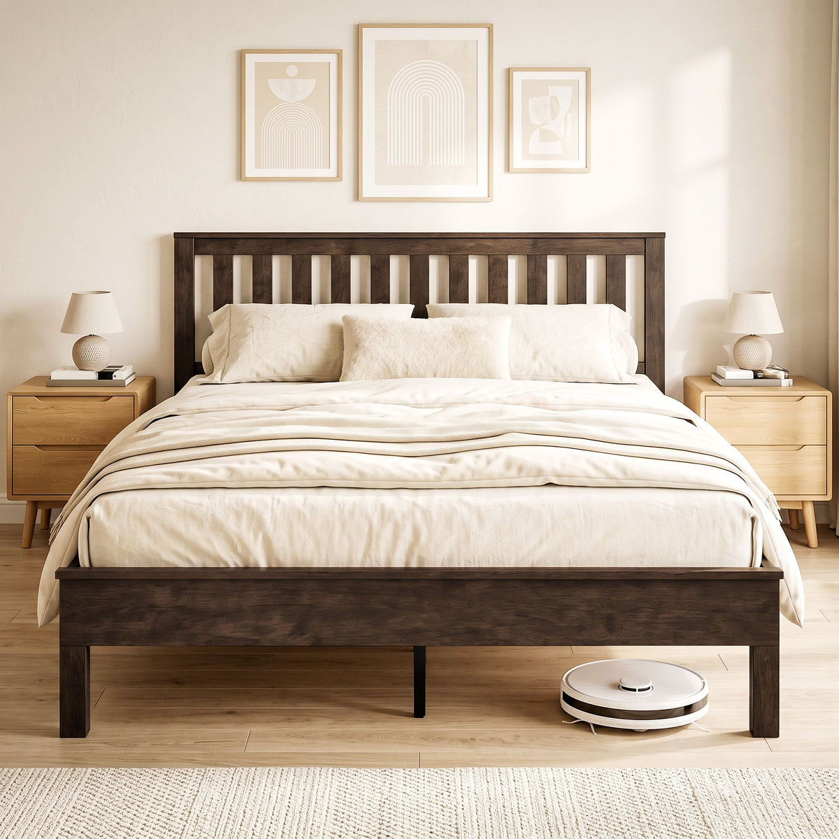 Queen Size Bed Frame with Headboard and Footboard, Mid-Century Modern Wood Platform Bed Frame, Walnut