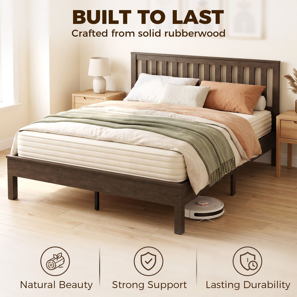 Queen Size Bed Frame with Headboard and Footboard, Mid-Century Modern Wood Platform Bed Frame, Walnut