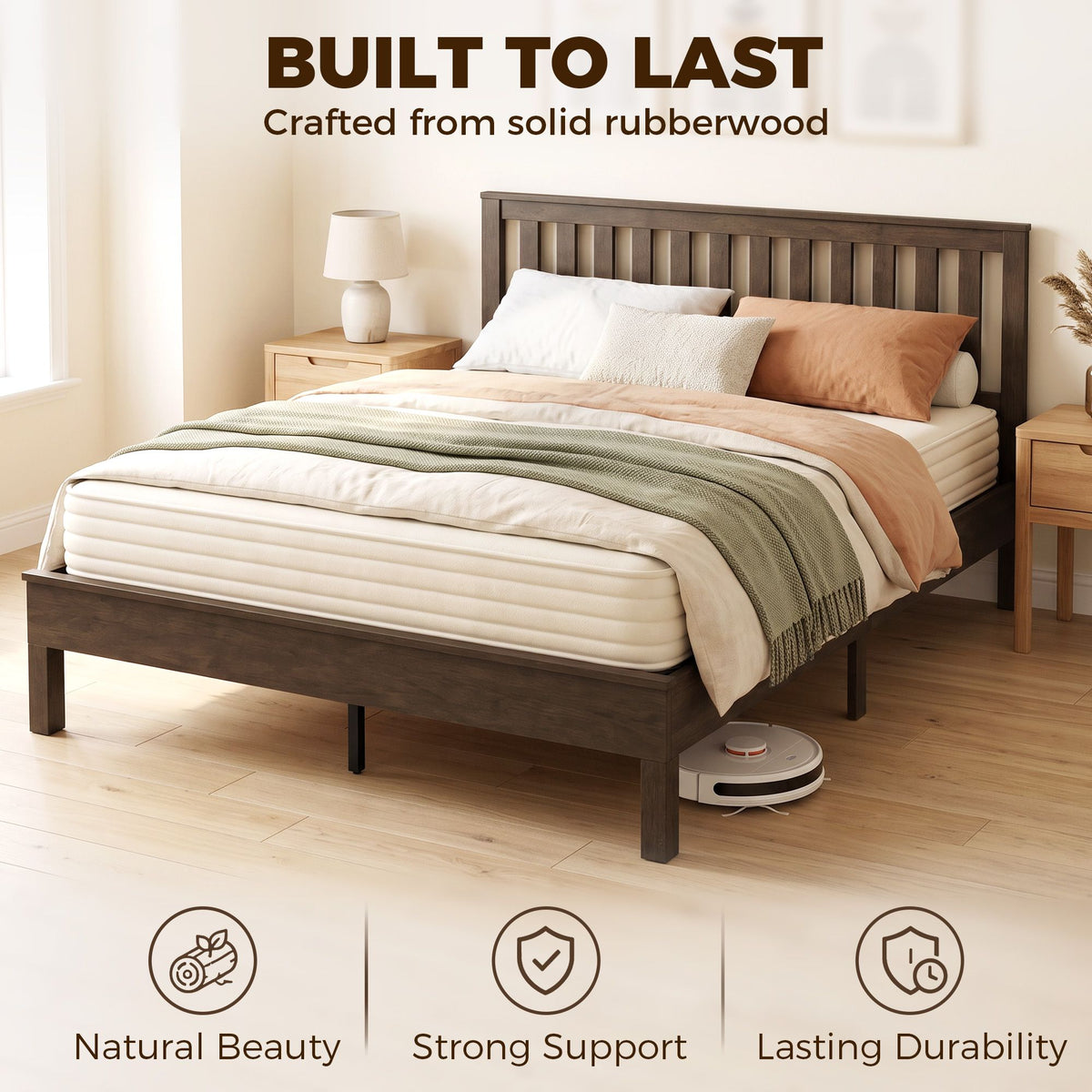 Queen Size Bed Frame with Headboard and Footboard, Mid-Century Modern Wood Platform Bed Frame, Walnut