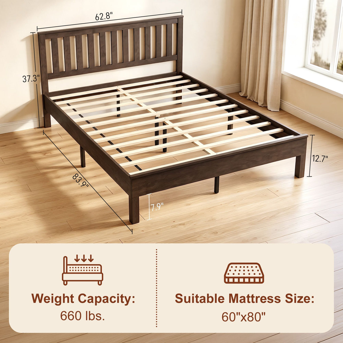 Queen Size Bed Frame with Headboard and Footboard, Mid-Century Modern Wood Platform Bed Frame, Walnut