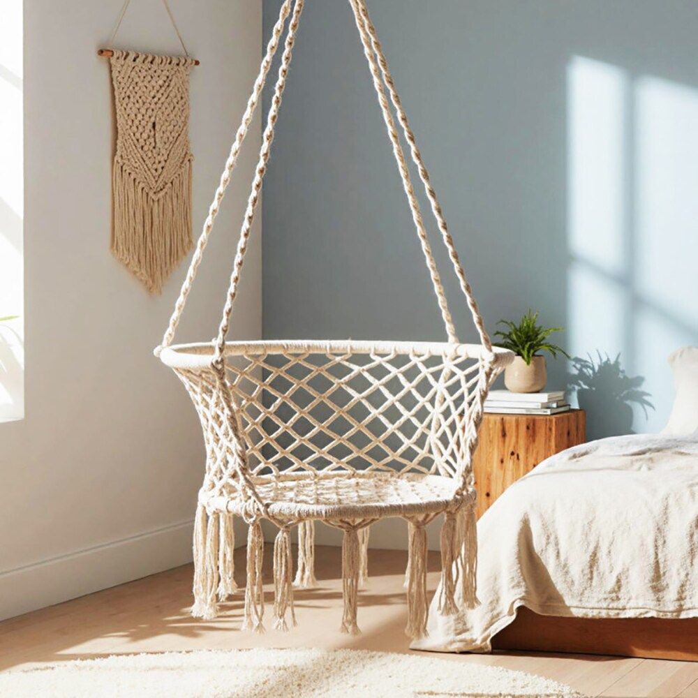 Hammock Chair Macrame Swing Hanging Cotton Rope Chair for Your Bedroom, Porch, Balcony, Etc