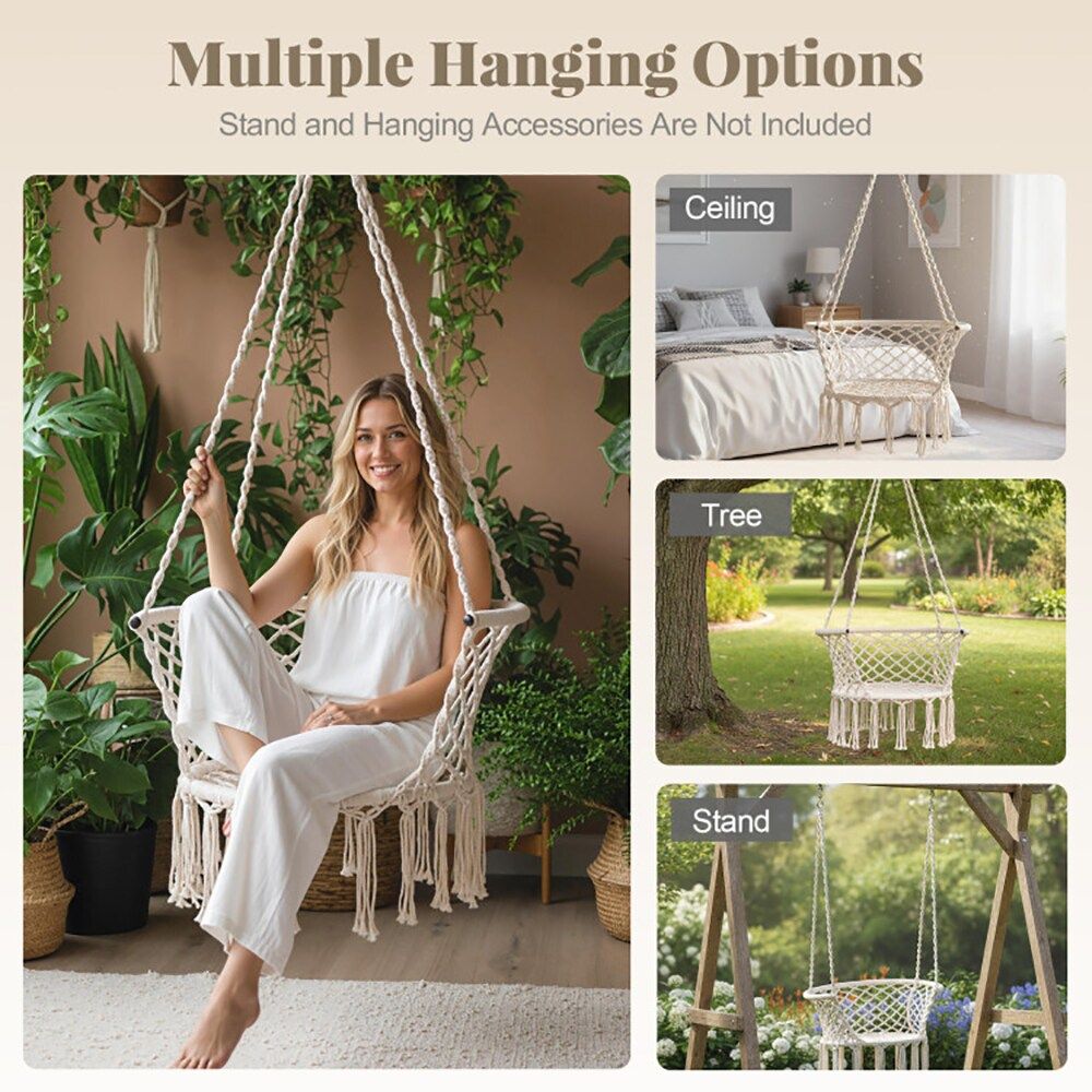 Hammock Chair Macrame Swing Hanging Cotton Rope Chair for Your Bedroom, Porch, Balcony, Etc