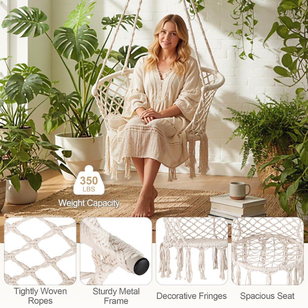 Hammock Chair Macrame Swing Hanging Cotton Rope Chair for Your Bedroom, Porch, Balcony, Etc