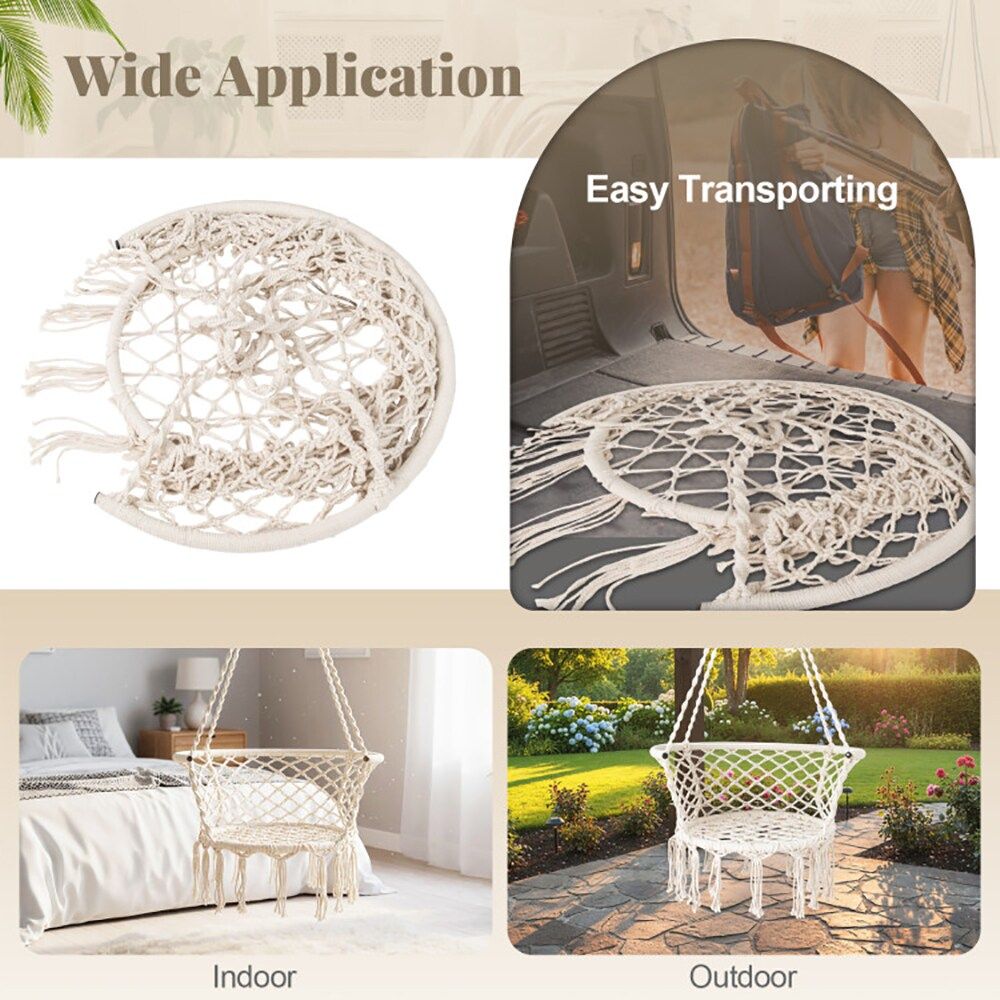 Hammock Chair Macrame Swing Hanging Cotton Rope Chair for Your Bedroom, Porch, Balcony, Etc