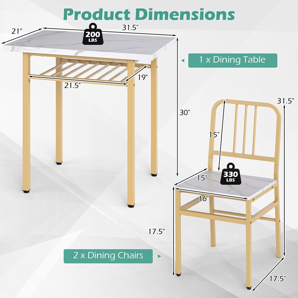 3-Piece Dining Table Set with Rectangular Kitchen Table and 2 Chairs for Kitchen, Dining Room, Breakfast Nook, or Restaurant