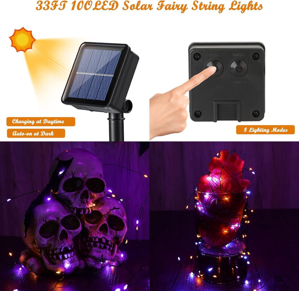 Orange Purple Halloween Solar Lights, 2 Pack Total 66ft 200 LED