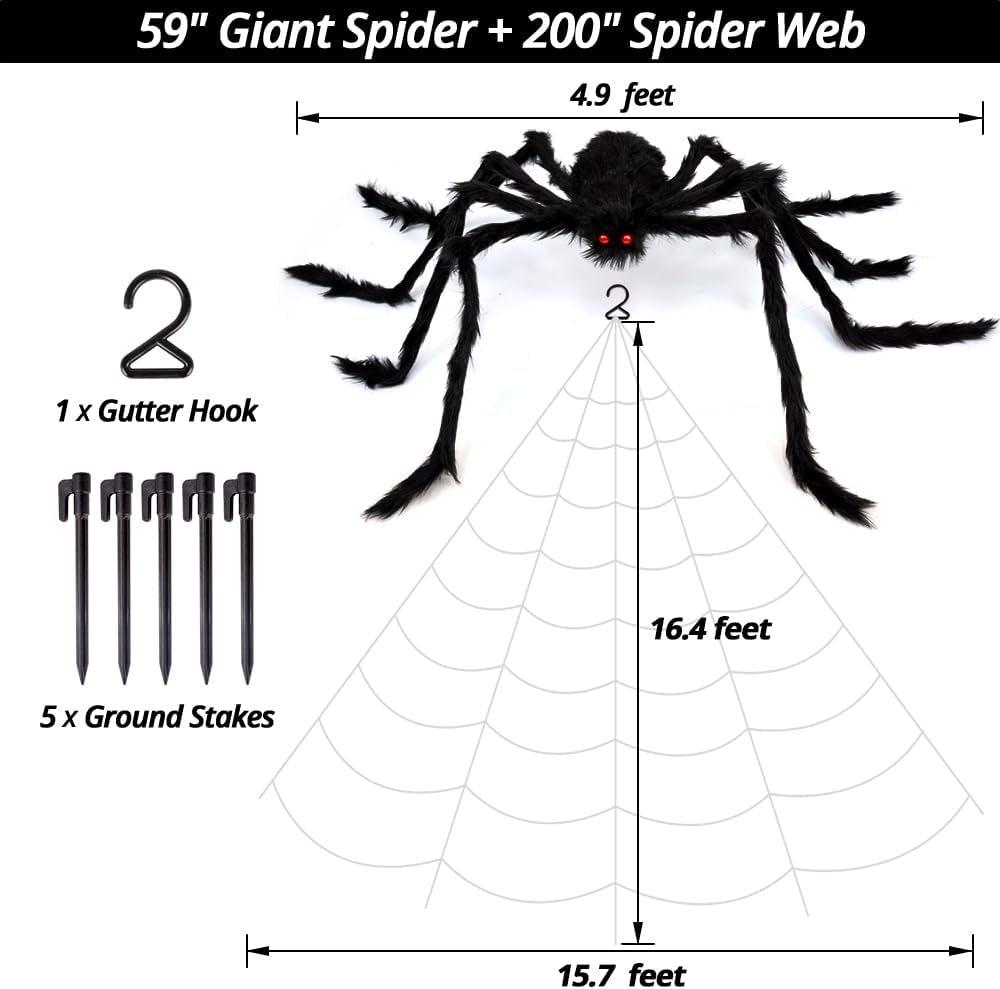 200" Halloween Decorations Spider Web Outdoor +59" Giant Spider Décor