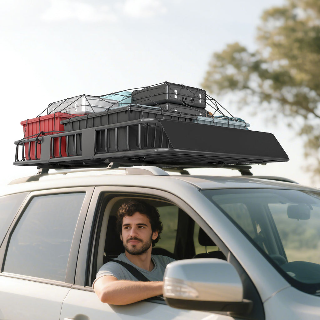 Car Roof Rack Basket, 63.8" x 39" x 6.3" Adjustable Cargo Basket for Cars, SUVs, Vans and RVs, 220 lbs Capacity, Black