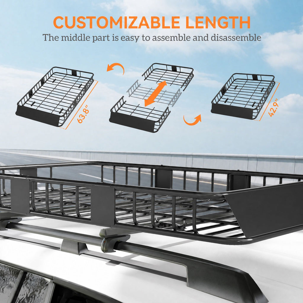Car Roof Rack Basket, 63.8" x 39" x 6.3" Adjustable Cargo Basket for Cars, SUVs, Vans and RVs, 220 lbs Capacity, Black