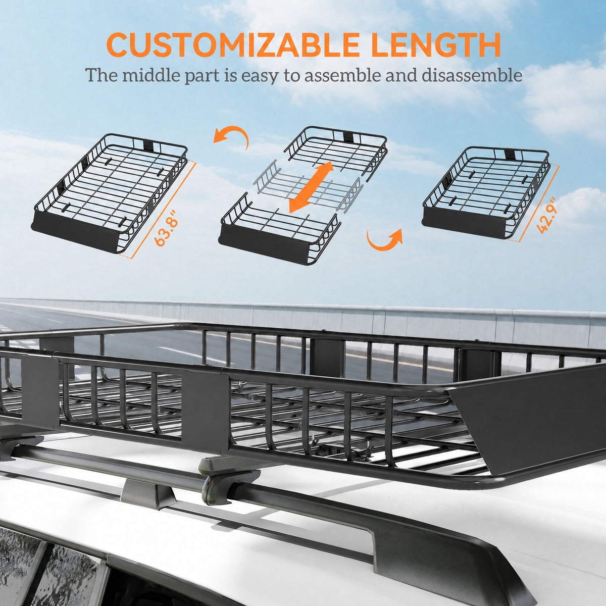 Car Roof Rack Basket, 63.8" x 39" x 6.3" Adjustable Cargo Basket for Cars, SUVs, Vans and RVs, 220 lbs Capacity, Black