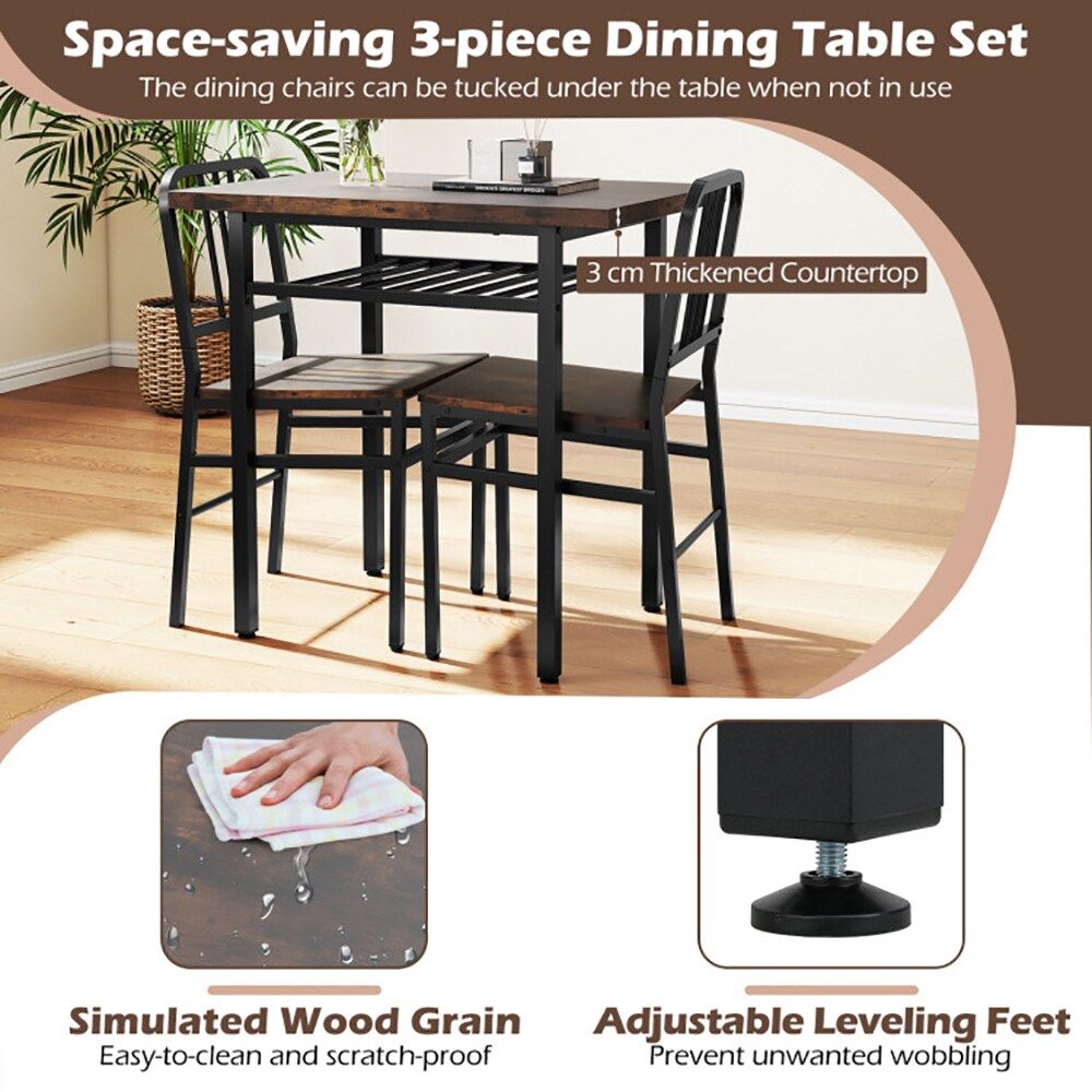 3-Piece Dining Table Set with Rectangular Kitchen Table and 2 Chairs for Kitchen, Dining Room, Breakfast Nook, or Restaurant