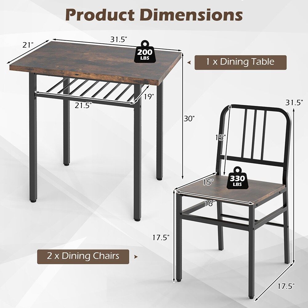 3-Piece Dining Table Set with Rectangular Kitchen Table and 2 Chairs for Kitchen, Dining Room, Breakfast Nook, or Restaurant