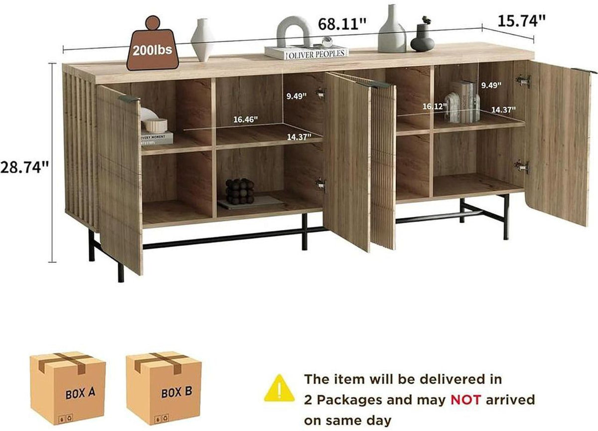 68 Inch Oak Sideboard Buffet Cabinet with 4 Doors, Large Decorative Storage Cabinet with Adjustable Shelves, Multipurpose File Cabinet for Living Room Dining Room Studio