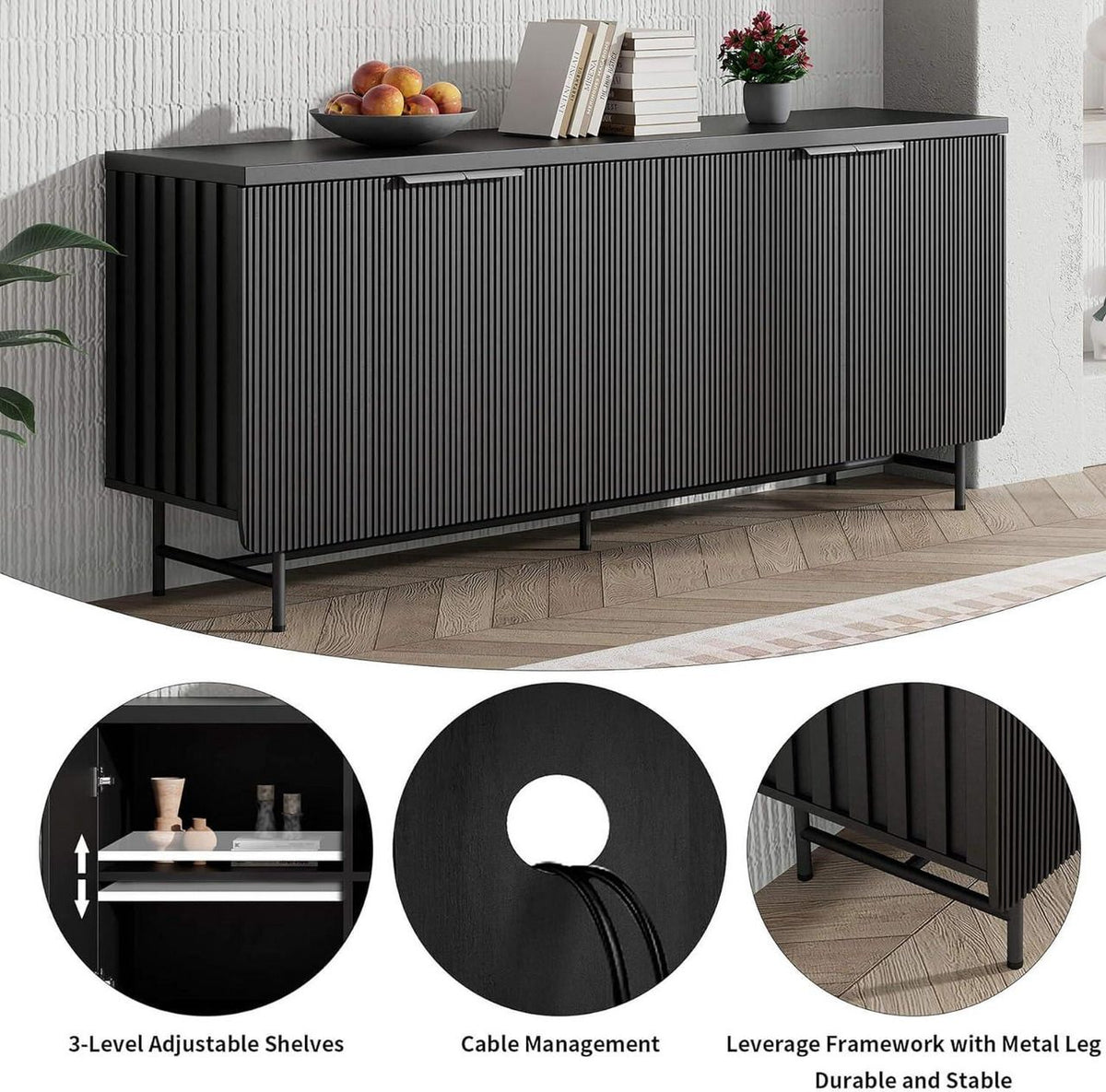68 Inch Oak Sideboard Buffet Cabinet with 4 Doors, Large Decorative Storage Cabinet with Adjustable Shelves, Multipurpose File Cabinet for Living Room Dining Room Studio