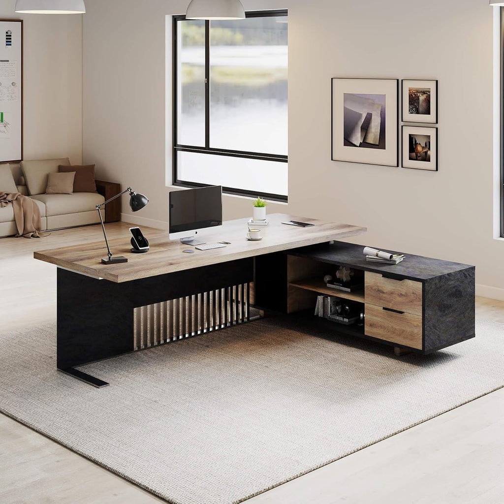 70.86 Inch Large Executive Desk with Drawers Cabinet, L Shaped Office Desk, Computer Desk with Universal Charging Ports and Cable Management for Business Furniture Set Workstation for Home Office