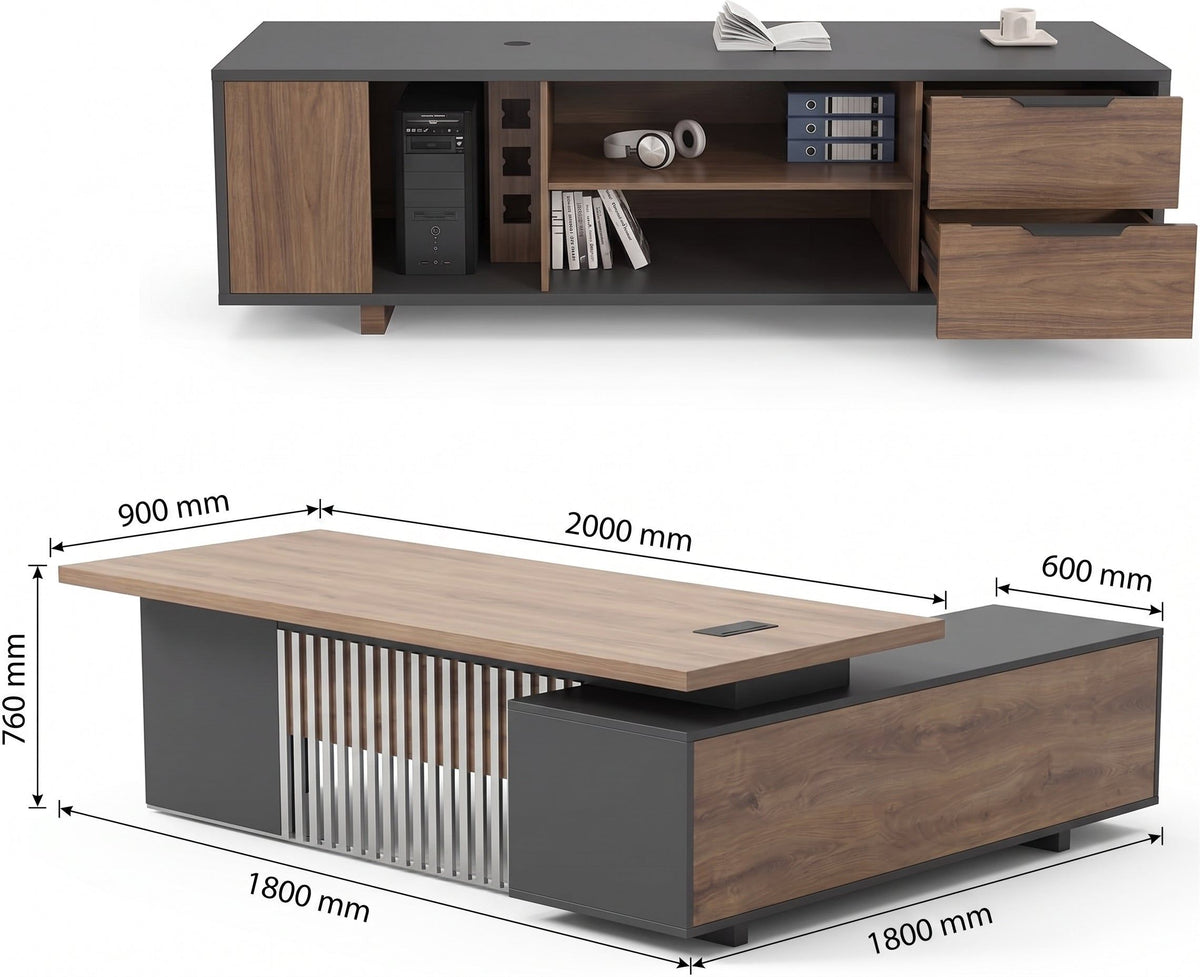 70.86 Inch Large Executive Desk with Drawers Cabinet, L Shaped Office Desk, Computer Desk with Universal Charging Ports and Cable Management for Business Furniture Set Workstation for Home Office