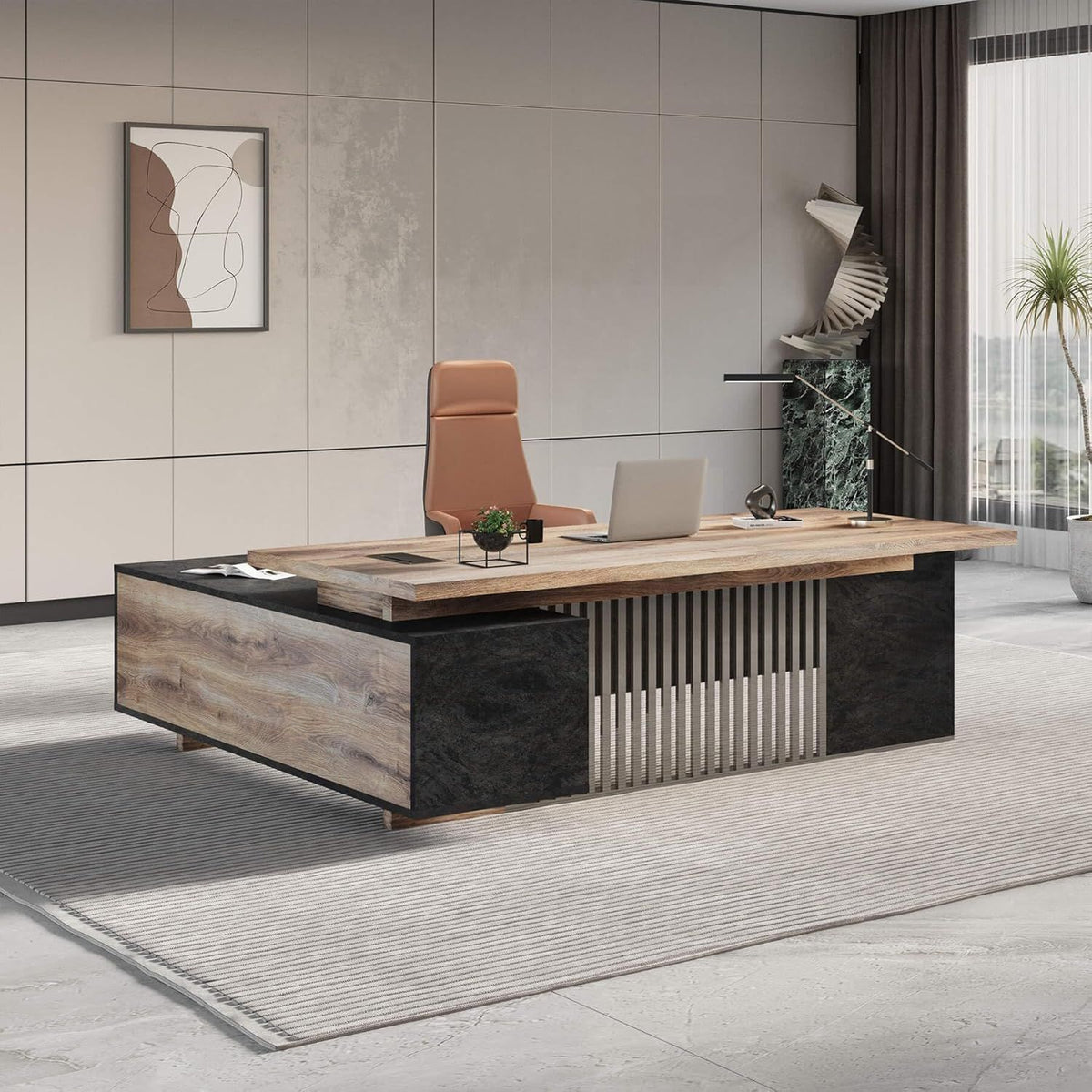 70.86 Inch Large Executive Desk with Drawers Cabinet, L Shaped Office Desk, Computer Desk with Universal Charging Ports and Cable Management for Business Furniture Set Workstation for Home Office