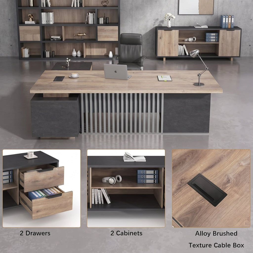 70.86 Inch Large Executive Desk with Drawers Cabinet, L Shaped Office Desk, Computer Desk with Universal Charging Ports and Cable Management for Business Furniture Set Workstation for Home Office